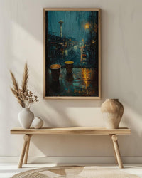 Seattle Wall Art, Rainy Window View, Space Needle Print, Coffee Lover Decor, Moody City Painting