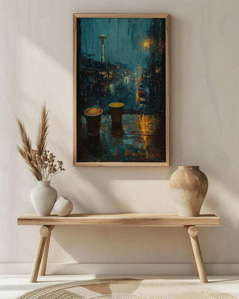 Seattle Wall Art, Rainy Window View, Space Needle Print, Coffee Lover Decor, Moody City Painting