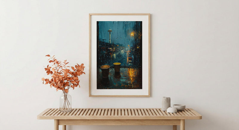 Seattle Wall Art, Rainy Window View, Space Needle Print, Coffee Lover Decor, Moody City Painting