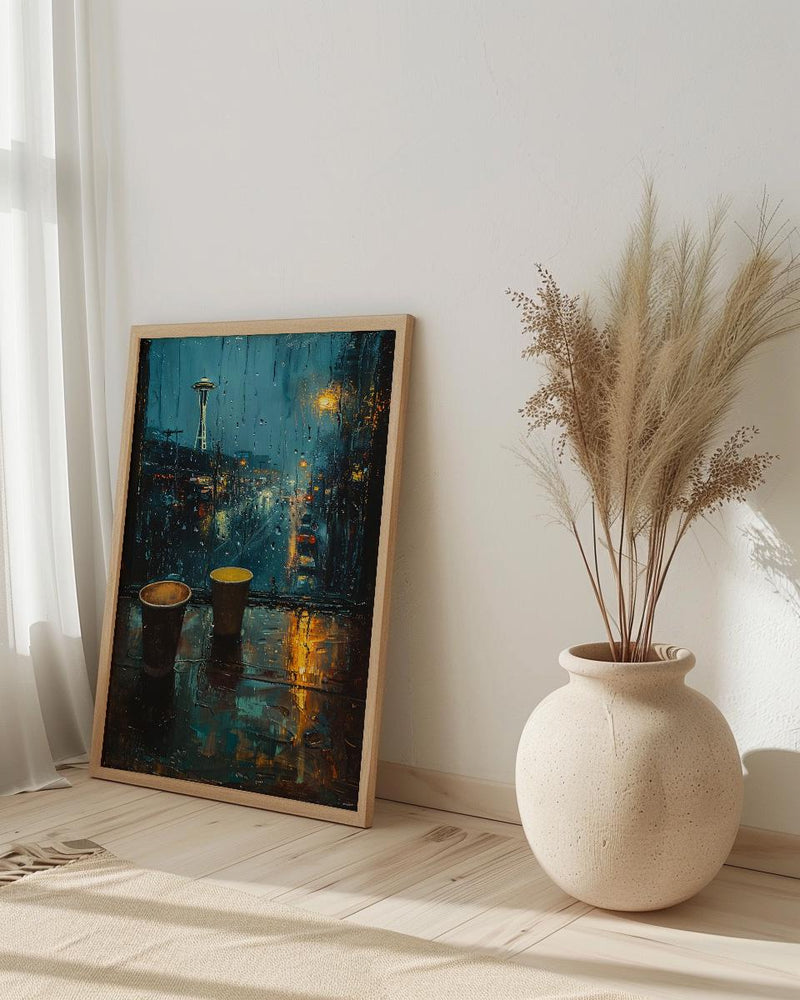 Seattle Wall Art, Rainy Window View, Space Needle Print, Coffee Lover Decor, Moody City Painting