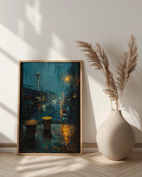 Seattle Wall Art, Rainy Window View, Space Needle Print, Coffee Lover Decor, Moody City Painting