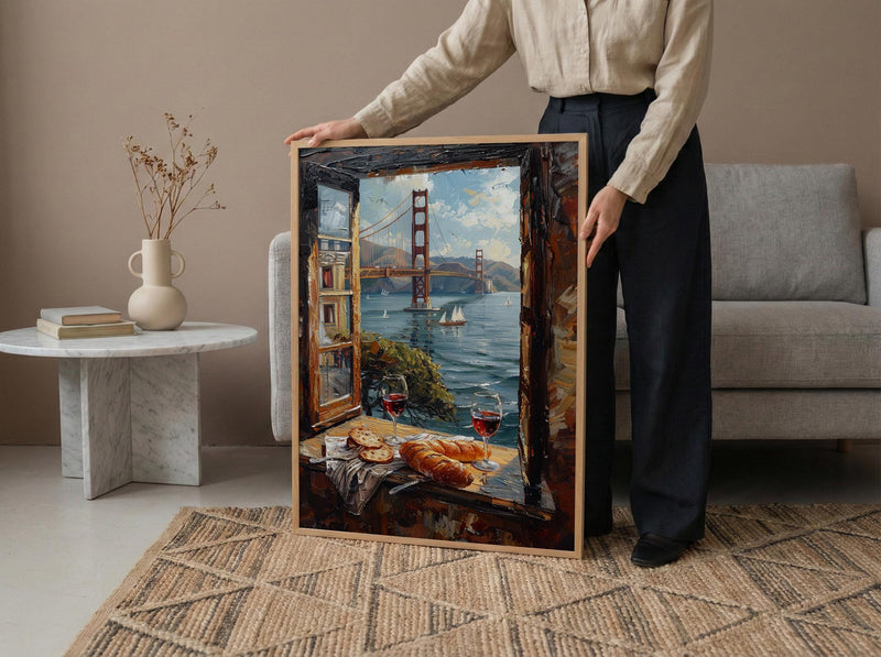 San Francisco Wall Art, Golden Gate Bridge Window View, Wine Decor Print, California Cityscape Painting