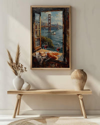 San Francisco Wall Art, Golden Gate Bridge Window View, Wine Decor Print, California Cityscape Painting