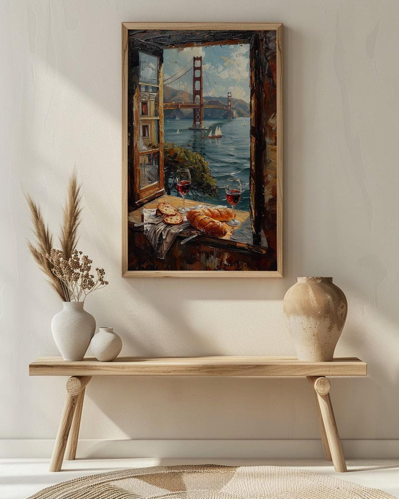 San Francisco Wall Art, Golden Gate Bridge Window View, Wine Decor Print, California Cityscape Painting