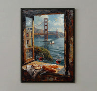 San Francisco Wall Art, Golden Gate Bridge Window View, Wine Decor Print, California Cityscape Painting