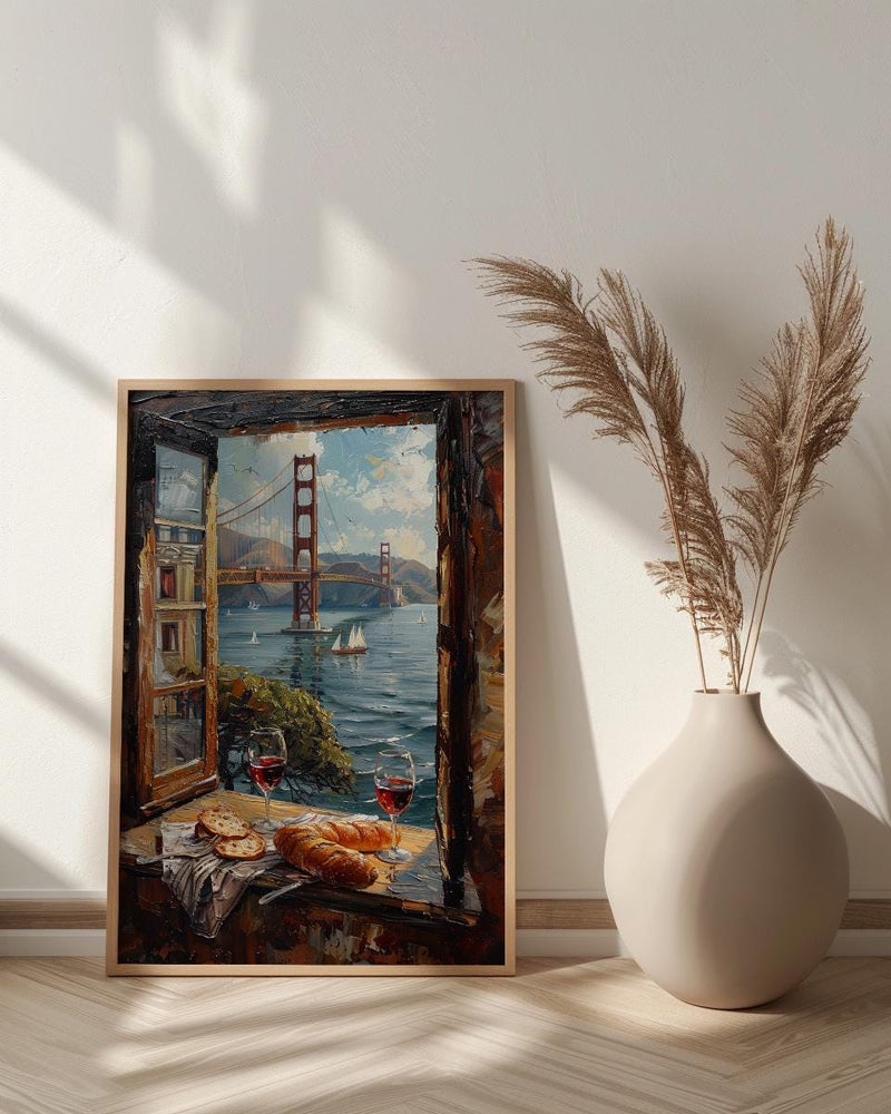 San Francisco Wall Art, Golden Gate Bridge Window View, Wine Decor Print, California Cityscape Painting