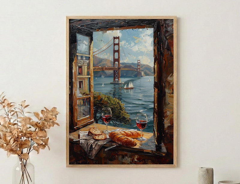 San Francisco Wall Art, Golden Gate Bridge Window View, Wine Decor Print, California Cityscape Painting
