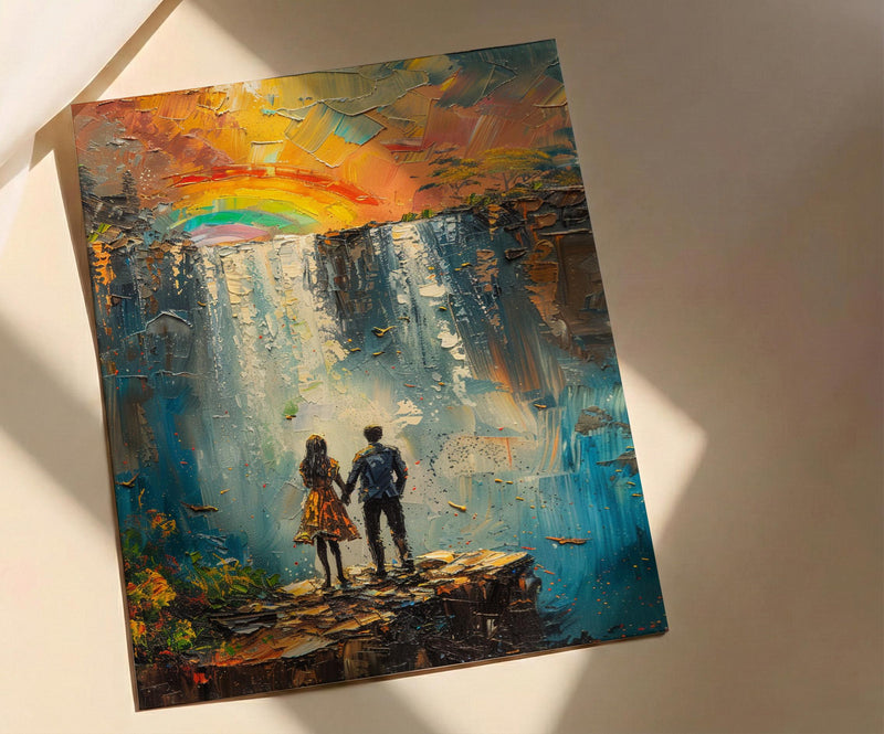 Victoria Falls Poster, Waterfall Landscape Art Print, Zimbabwe Nature Wall Art, Romantic Couple Decor, Mist Rainbow Painting