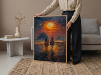 Egypt Poster, Pyramids of Giza Art Print, Ancient History Wall Art, Camel Desert Painting, Romantic Travel Gift