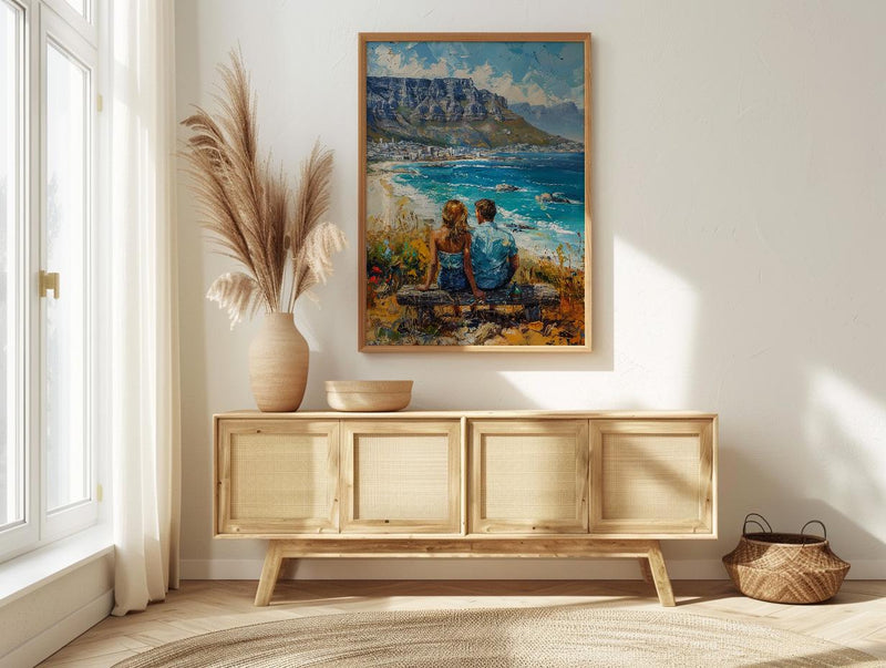 South Africa Wall Art, Cape Town Art Print, Table Mountain Poster, Ocean View Painting, Coastal Landscape Decor