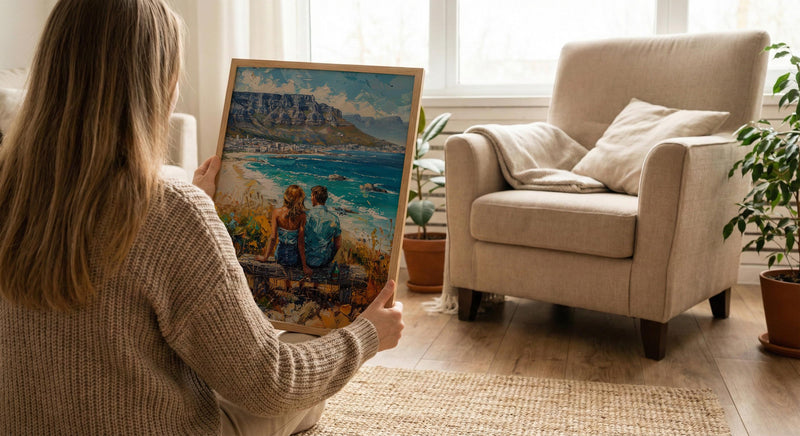 South Africa Wall Art, Cape Town Art Print, Table Mountain Poster, Ocean View Painting, Coastal Landscape Decor