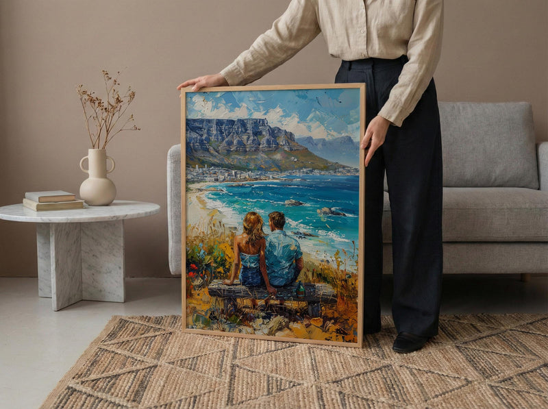 South Africa Wall Art, Cape Town Art Print, Table Mountain Poster, Ocean View Painting, Coastal Landscape Decor