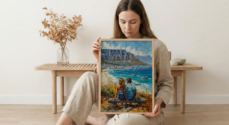 South Africa Wall Art, Cape Town Art Print, Table Mountain Poster, Ocean View Painting, Coastal Landscape Decor
