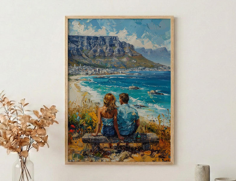 South Africa Wall Art, Cape Town Art Print, Table Mountain Poster, Ocean View Painting, Coastal Landscape Decor