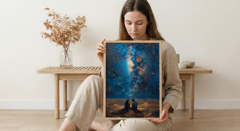 Sahara Desert Art Print, Night Sky Poster, African Milky Way Wall Art, Romantic Campfire Decor, Blue Gold Painting