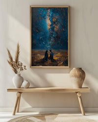 Sahara Desert Art Print, Night Sky Poster, African Milky Way Wall Art, Romantic Campfire Decor, Blue Gold Painting
