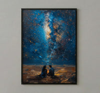 Sahara Desert Art Print, Night Sky Poster, African Milky Way Wall Art, Romantic Campfire Decor, Blue Gold Painting
