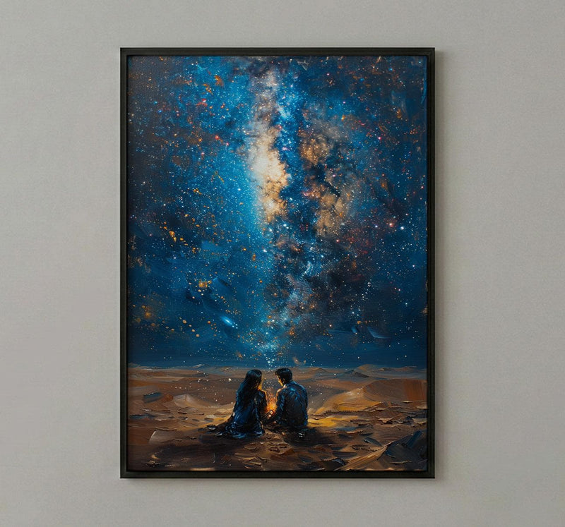 Sahara Desert Art Print, Night Sky Poster, African Milky Way Wall Art, Romantic Campfire Decor, Blue Gold Painting