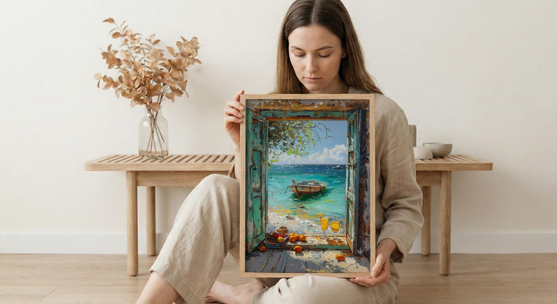 Zanzibar Wall Art, Tropical Beach Art Print, Open Window Poster, Ocean Landscape Painting, Summer Holiday Decor