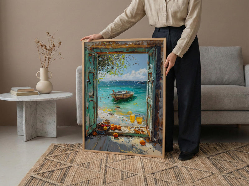 Zanzibar Wall Art, Tropical Beach Art Print, Open Window Poster, Ocean Landscape Painting, Summer Holiday Decor