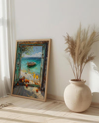 Zanzibar Wall Art, Tropical Beach Art Print, Open Window Poster, Ocean Landscape Painting, Summer Holiday Decor