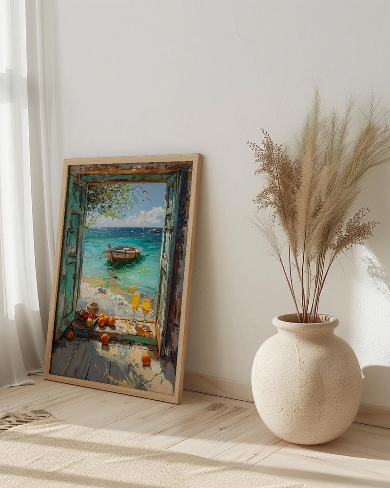 Zanzibar Wall Art, Tropical Beach Art Print, Open Window Poster, Ocean Landscape Painting, Summer Holiday Decor