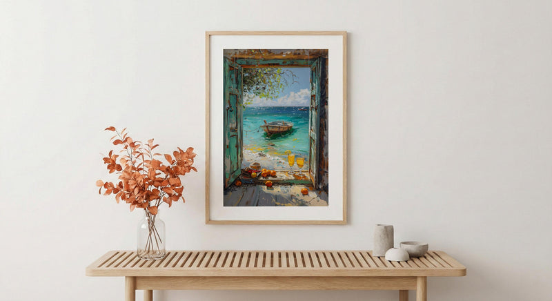 Zanzibar Wall Art, Tropical Beach Art Print, Open Window Poster, Ocean Landscape Painting, Summer Holiday Decor