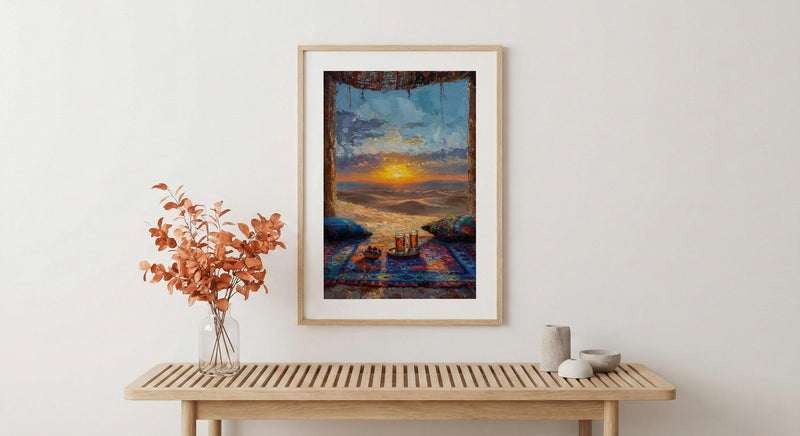 Moroccan Desert Poster, Sahara Tent Window Art Print, Boho Sand Dunes Wall Art, Sunset Landscape Painting