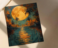 Oasis Wall Art, Desert Landscape, Palm Tree Print, Impasto Oil Painting, Moonlit Water, Serene Nature, Anniversary Gift