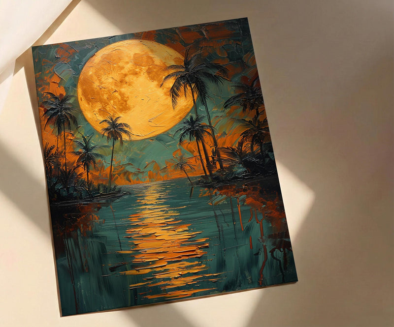 Oasis Wall Art, Desert Landscape, Palm Tree Print, Impasto Oil Painting, Moonlit Water, Serene Nature, Anniversary Gift