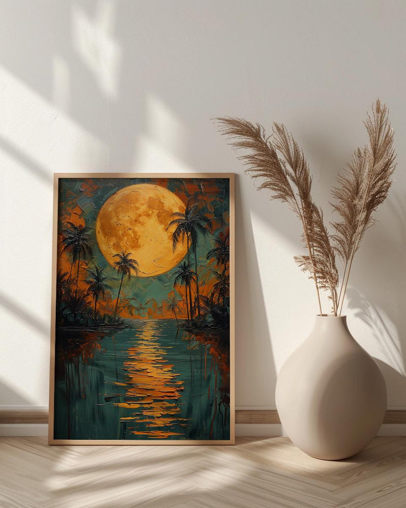 Oasis Wall Art, Desert Landscape, Palm Tree Print, Impasto Oil Painting, Moonlit Water, Serene Nature, Anniversary Gift