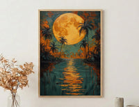 Oasis Wall Art, Desert Landscape, Palm Tree Print, Impasto Oil Painting, Moonlit Water, Serene Nature, Anniversary Gift