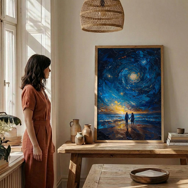 Starry Night Art, Desert Sky Print, Milky Way Painting, Impasto Oil Painting, Galaxy Decor, Romantic Couple, Engagement Gift