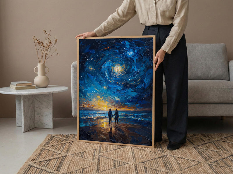 Starry Night Art, Desert Sky Print, Milky Way Painting, Impasto Oil Painting, Galaxy Decor, Romantic Couple, Engagement Gift