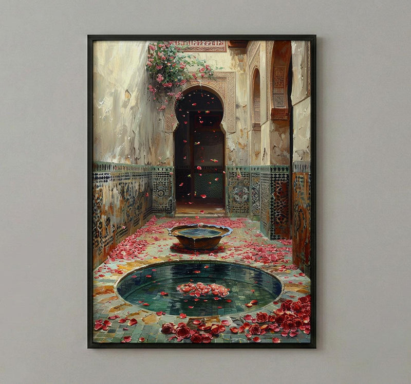 Morocco Wall Art, Riad Courtyard Print, Bohemian Decor, Impasto Oil Painting, Mosaic Tile Art, Travel Lover Gift, Exotic Home