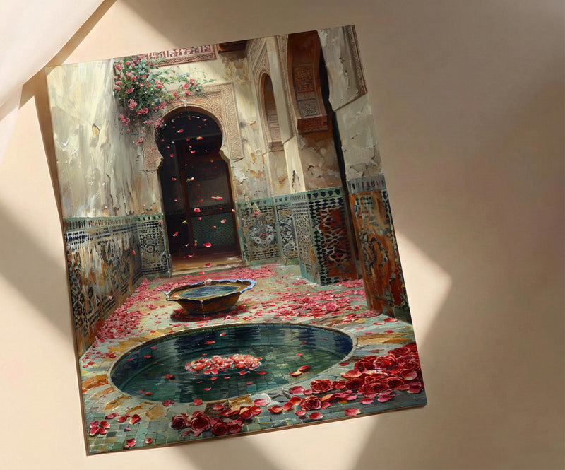 Morocco Wall Art, Riad Courtyard Print, Bohemian Decor, Impasto Oil Painting, Mosaic Tile Art, Travel Lover Gift, Exotic Home