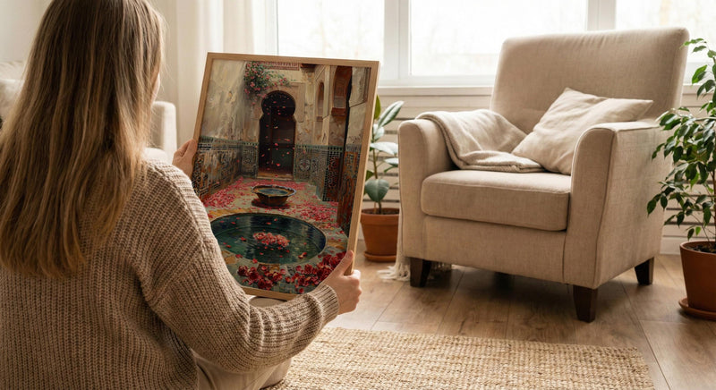 Morocco Wall Art, Riad Courtyard Print, Bohemian Decor, Impasto Oil Painting, Mosaic Tile Art, Travel Lover Gift, Exotic Home
