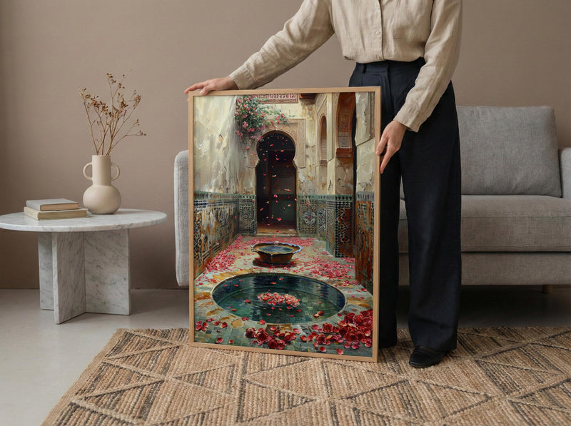 Morocco Wall Art, Riad Courtyard Print, Bohemian Decor, Impasto Oil Painting, Mosaic Tile Art, Travel Lover Gift, Exotic Home
