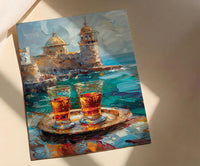 Turkish Tea Art, Istanbul Wall Decor, Bosphorus View, Impasto Oil Painting, Kitchen Print, Cultural Gift, Travel Lover Gift