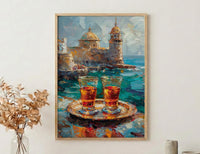 Turkish Tea Art, Istanbul Wall Decor, Bosphorus View, Impasto Oil Painting, Kitchen Print, Cultural Gift, Travel Lover Gift