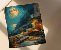Rooftop Terrace Art, Moroccan Lanterns, Night City View, Impasto Oil Painting, Romantic Evening, Boho Decor, Travel Lover Gift