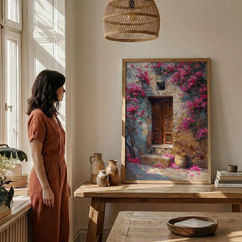 Old Door Art, Bougainvillea Print, Secret Garden, Impasto Oil Painting, Rustic Wall Decor, Pink Flowers, Anniversary Gift