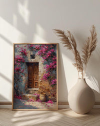 Old Door Art, Bougainvillea Print, Secret Garden, Impasto Oil Painting, Rustic Wall Decor, Pink Flowers, Anniversary Gift