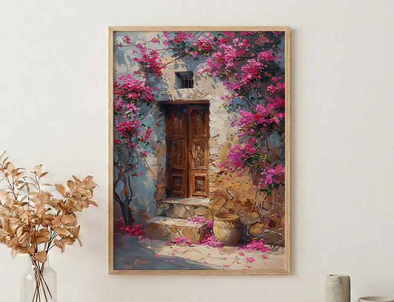 Old Door Art, Bougainvillea Print, Secret Garden, Impasto Oil Painting, Rustic Wall Decor, Pink Flowers, Anniversary Gift