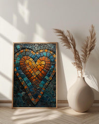 Mosaic Heart Print, Islamic Geometry Art, Moroccan Tile Decor, Impasto Oil Painting, Turquoise Blue, Boho Pattern, Housewarming Gift