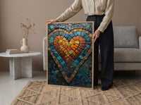 Mosaic Heart Print, Islamic Geometry Art, Moroccan Tile Decor, Impasto Oil Painting, Turquoise Blue, Boho Pattern, Housewarming Gift