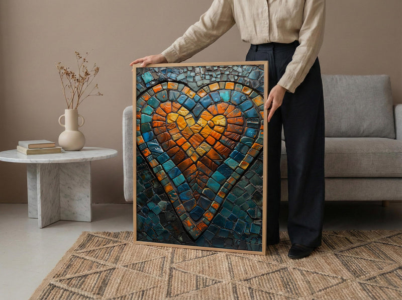 Mosaic Heart Print, Islamic Geometry Art, Moroccan Tile Decor, Impasto Oil Painting, Turquoise Blue, Boho Pattern, Housewarming Gift