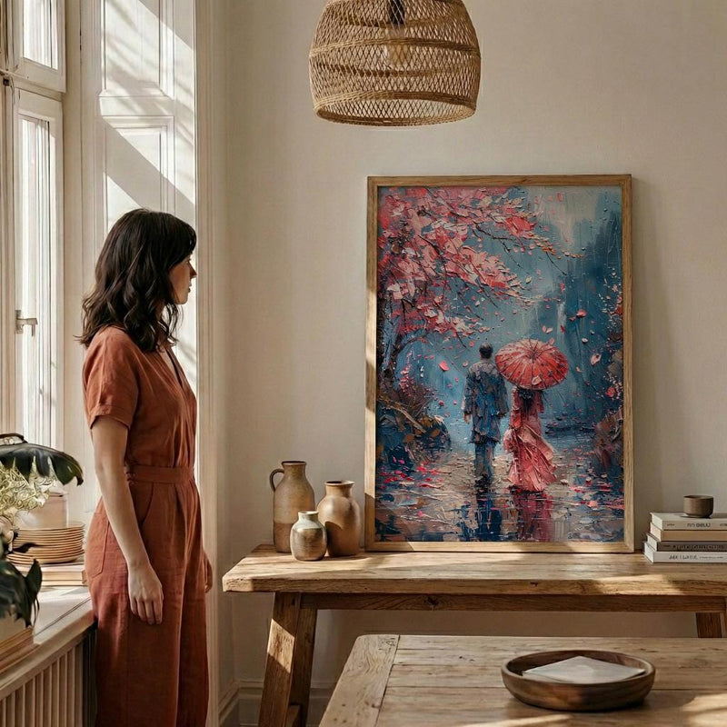 Japan Wall Art, Kyoto Cherry Blossom Art Print, Romantic Couple Poster, Spring Floral Painting, Asian Travel Decor