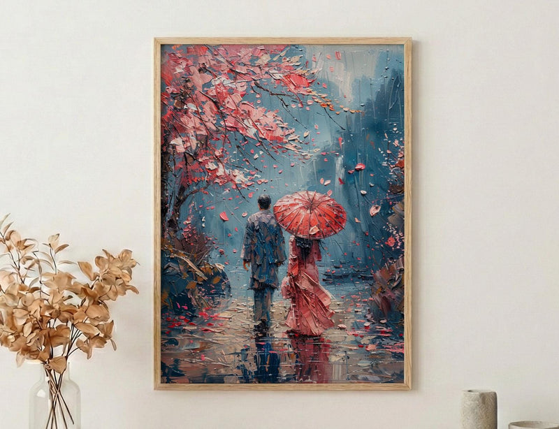Japan Wall Art, Kyoto Cherry Blossom Art Print, Romantic Couple Poster, Spring Floral Painting, Asian Travel Decor