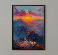 China Art Print, Great Wall Poster, Ancient Sunrise Wall Art, Couple Hiking Painting, Asian History Decor